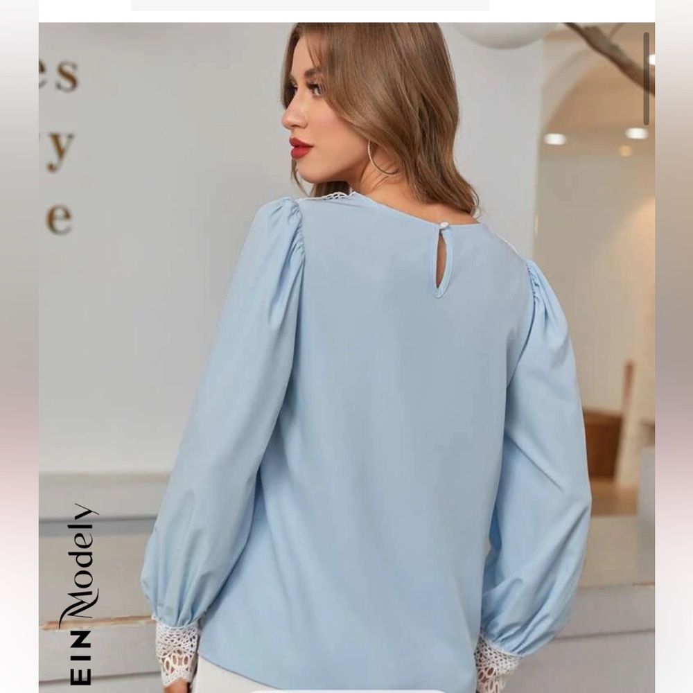 NWOT Puff Sleeve Blouse with Lace Shoulders and Cuffs. Beautiful and elegant top - Picture 2 of 4